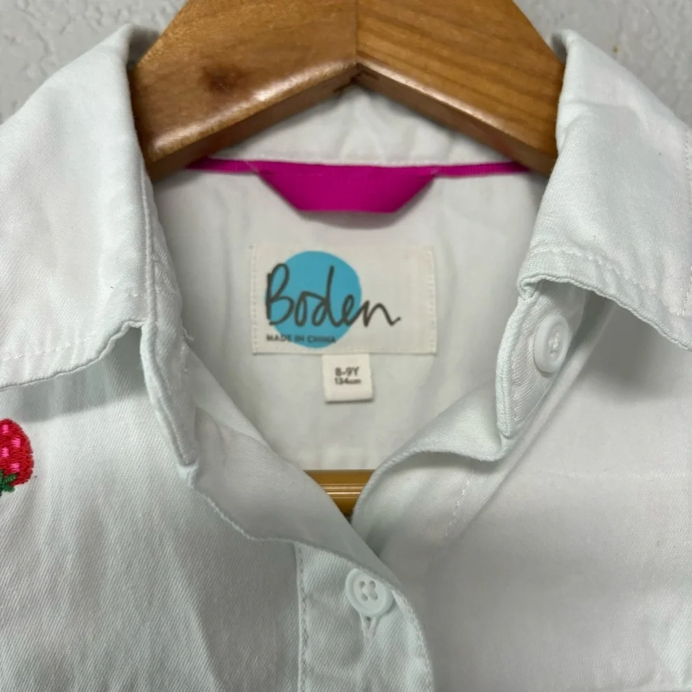Boden Pink Striped Strawberry Print Relaxed Cotton Button Front‎ Shirt Girls 8-9